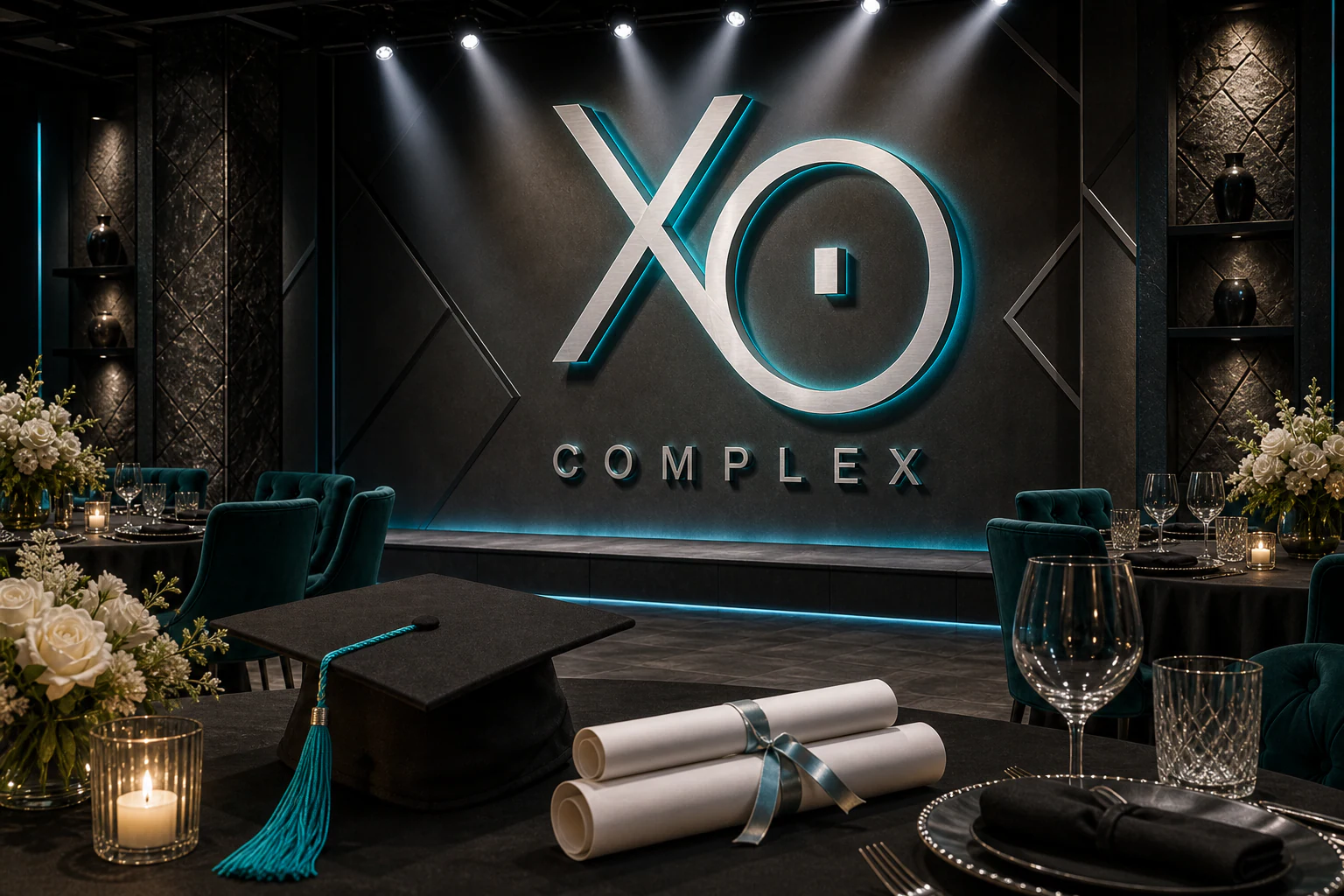 Объёмный логотип XO Complex в оформлении выпускного