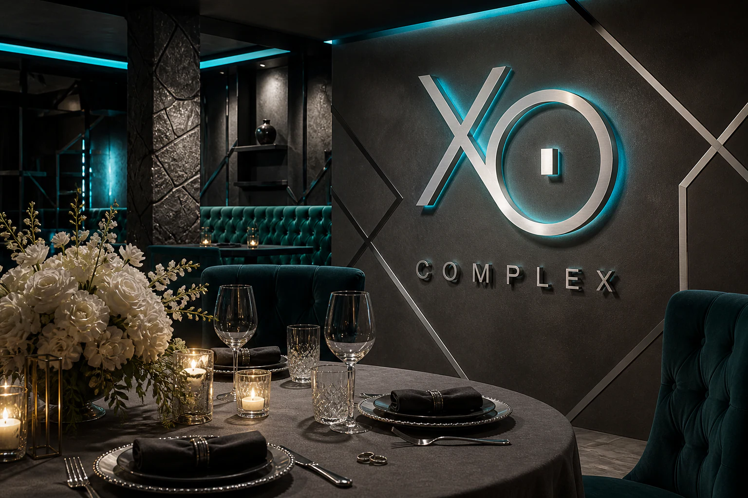 Объёмный логотип XO Complex в оформлении свадебного банкета