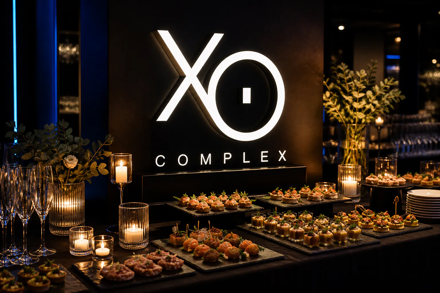 Фуршет XO Кейтеринг с объёмным логотипом XO Complex