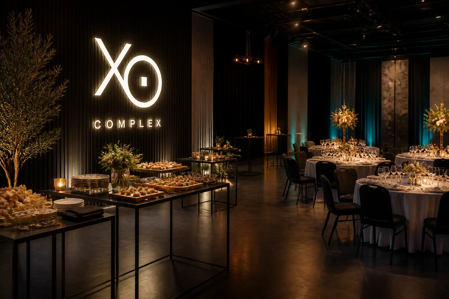 Фуршетная и банкетная зоны с объёмным знаком XO Complex