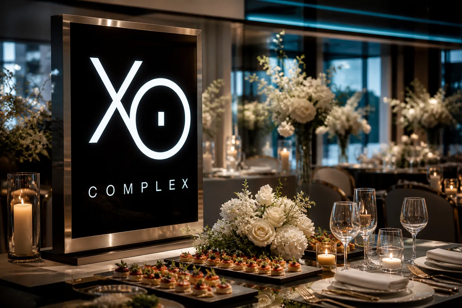 Свадебная сервировка с объёмным логотипом XO Complex