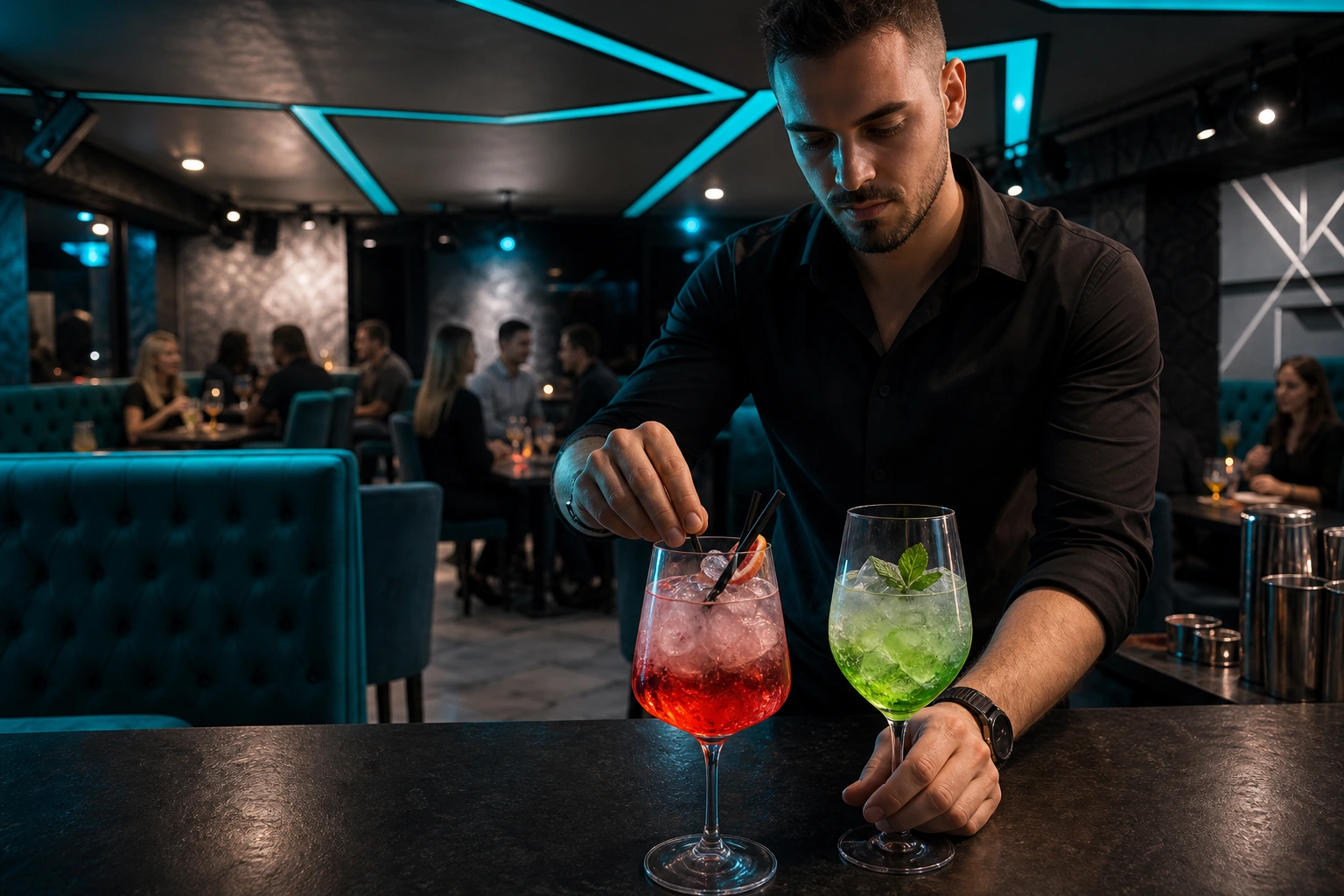 Бармен готовит коктейли в XO Complex
